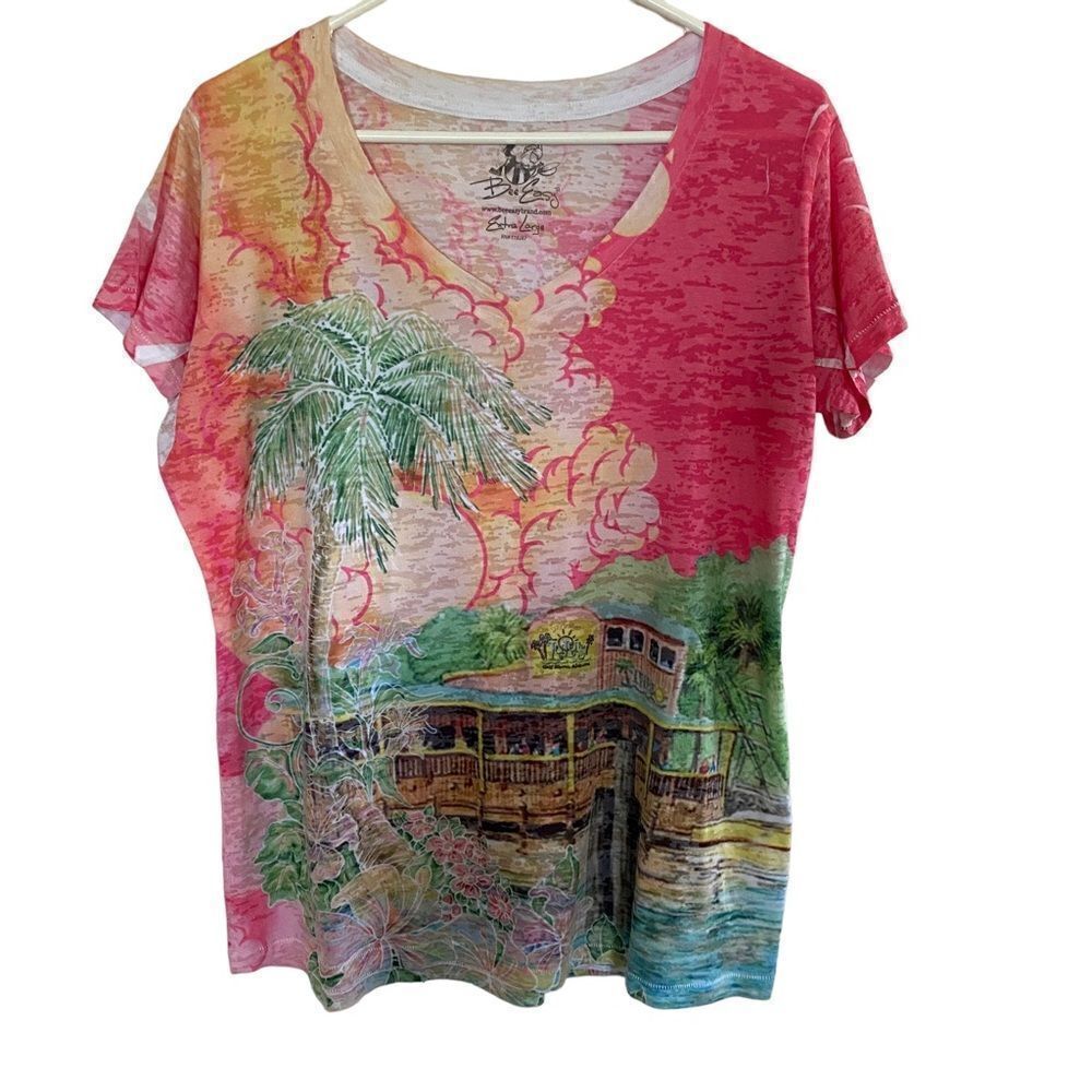 Bob Easy short sleeve vneck art deco XL pink white palm tree bungalow